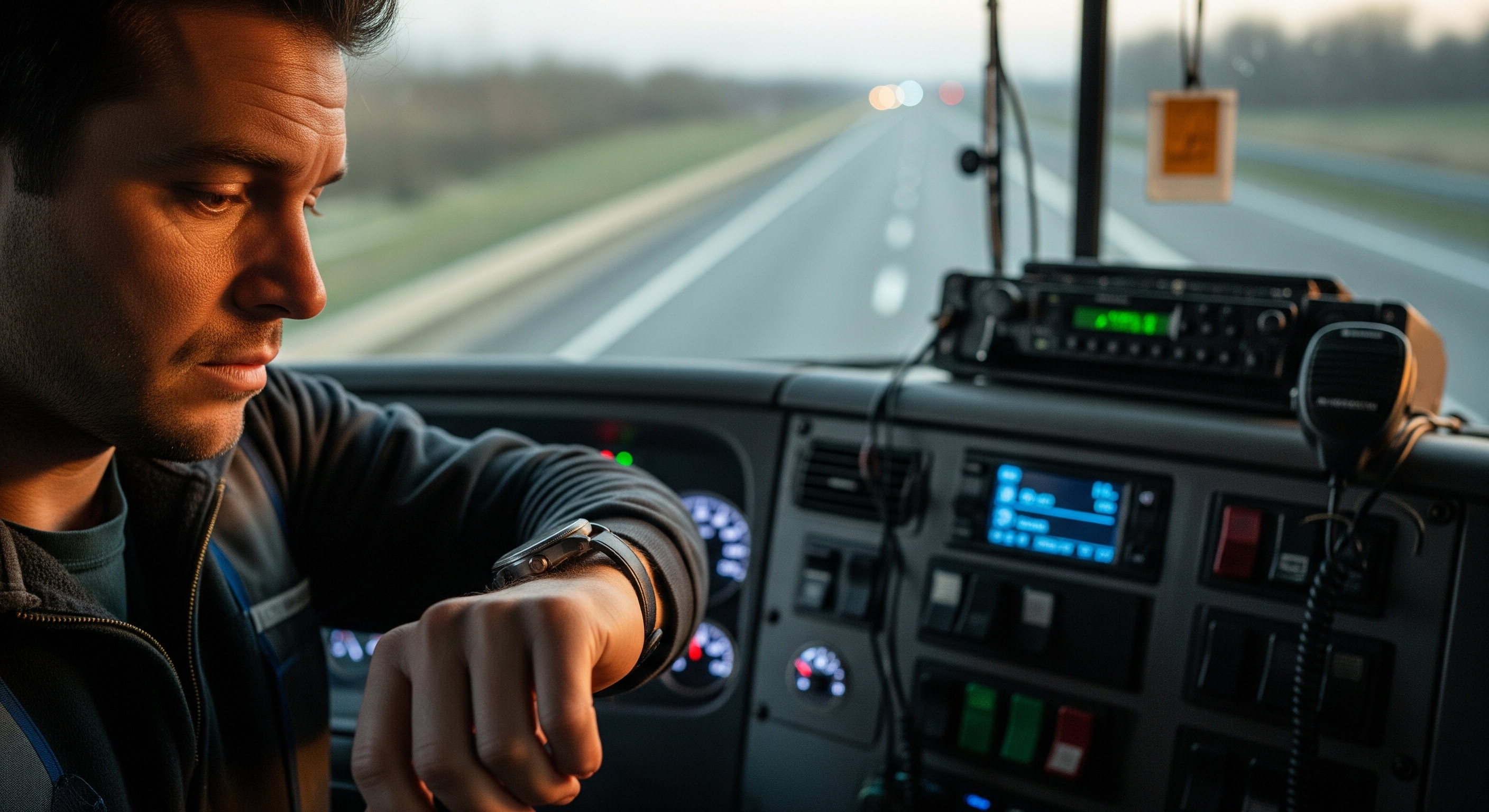 Symbolbild: Ein LKW-Fahrer schaut besorgt auf seine Uhr im Cockpit.