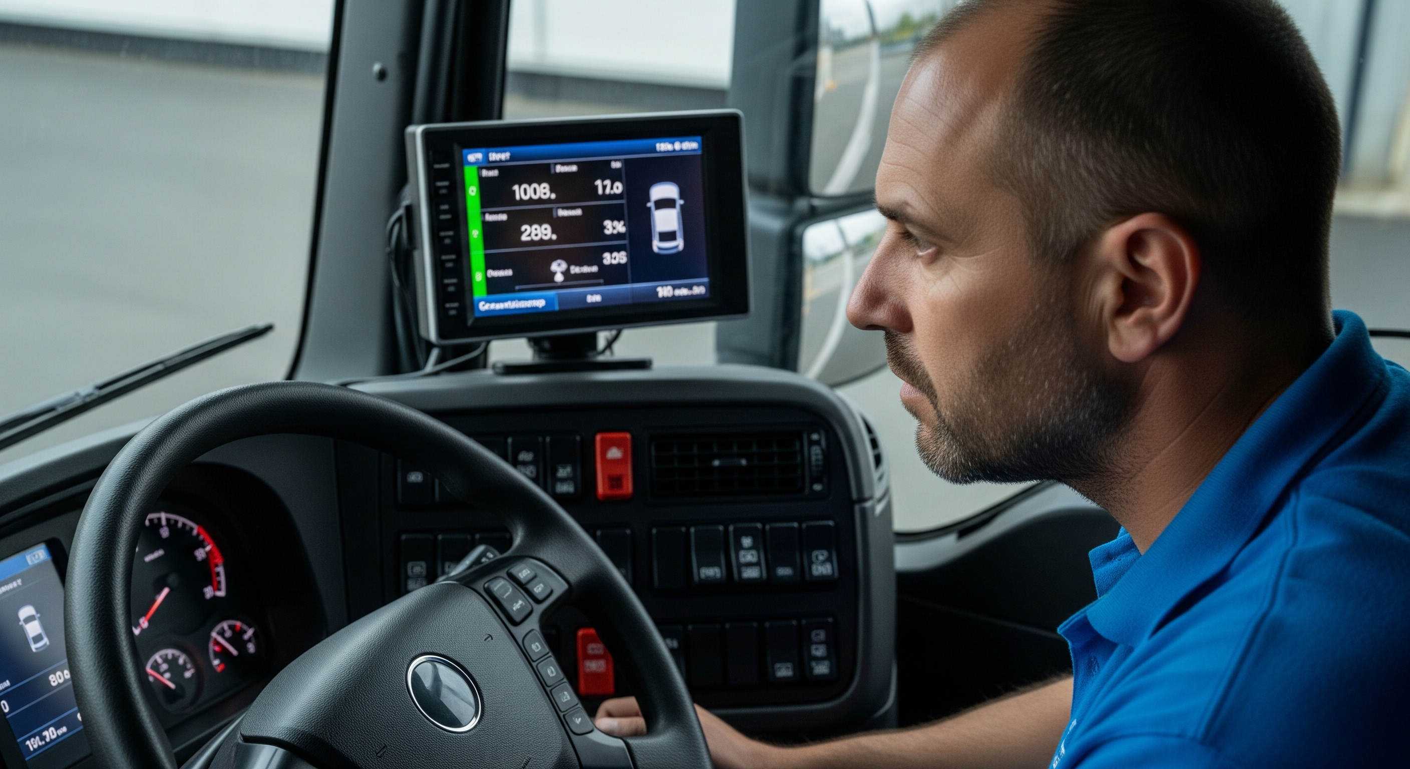 Symbolbild: Ein digitaler Tachograph in einem Fahrzeug-Cockpit.