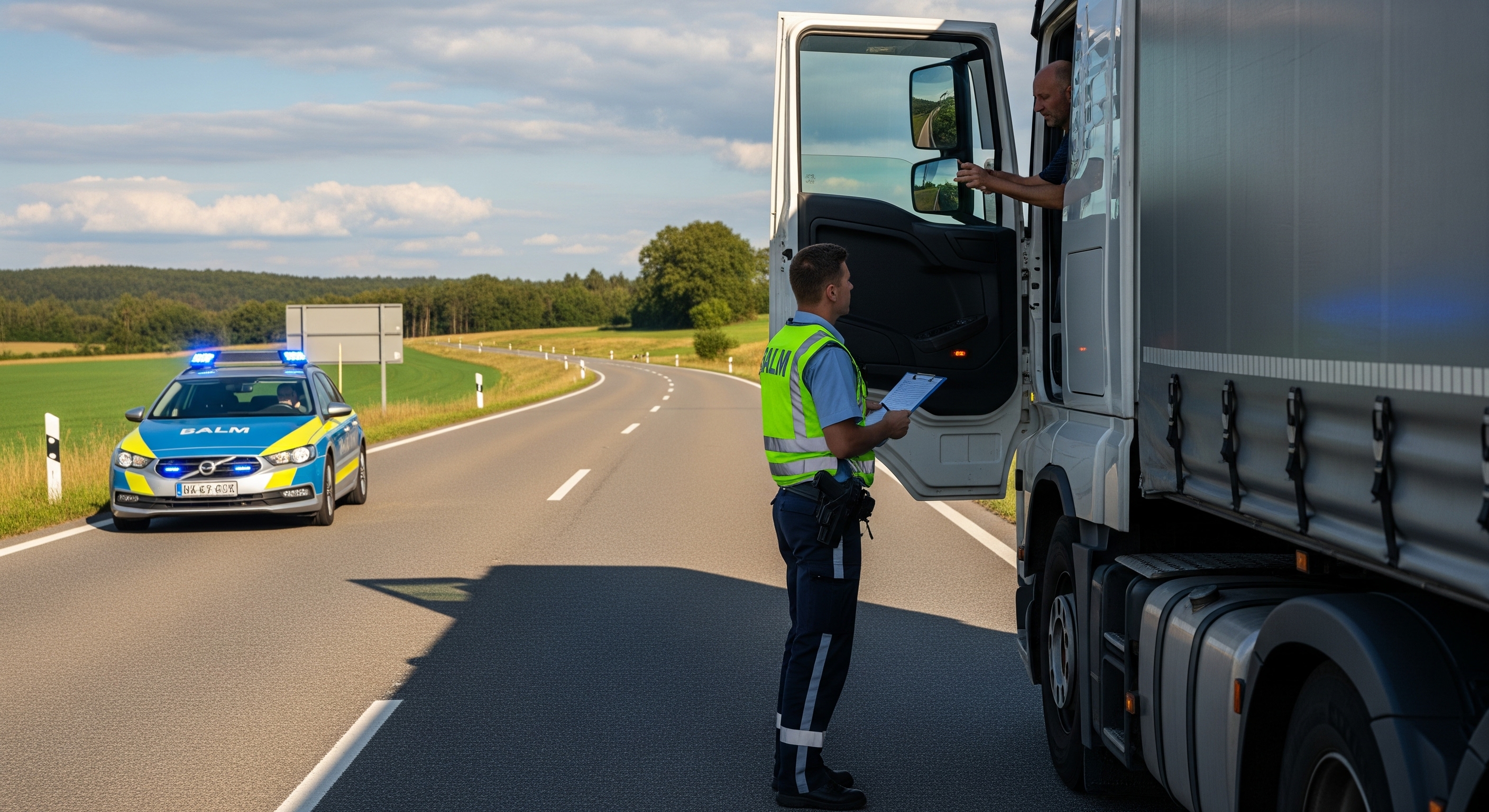 Symbolbild: Ein Polizist führt eine Verkehrskontrolle bei einem Fahrzeug durch.
